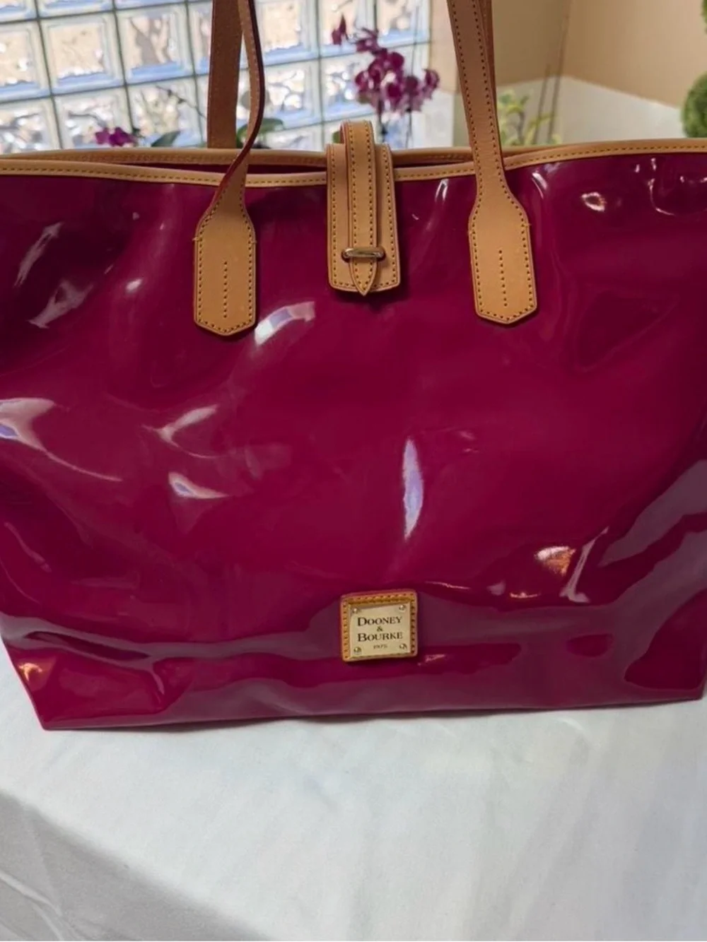 Dooney & Bourke Glossy fuchsia Patent Tote with Tan Trim